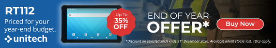 Unitech RT112 Rugged Windows Tablet End of Year Offer. Text reads