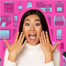 Woman looking forward in a happy surprise. Behind her are a range of barcode and label solutions. Woman looking forward in a happy surprise. Behind her are a range of barcode and label solutions.