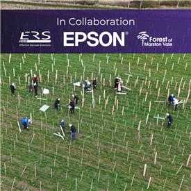 Overhead shot of tree planting event for Epson ColorWorks sustainability scheme.