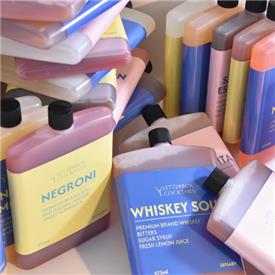 Collection of colourful drink bottle packaging.