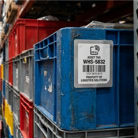 Blue crate with RFID asset tags.