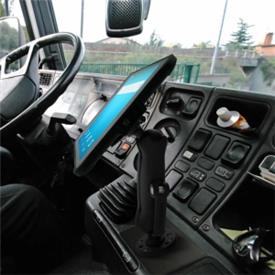 Business tablet displayed on car stand.